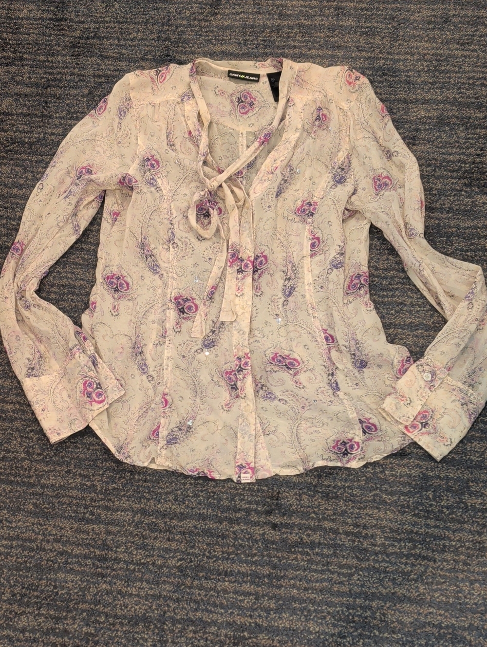 Dkny Cream Paisley Tie-Neck Blouse with Purple Accents